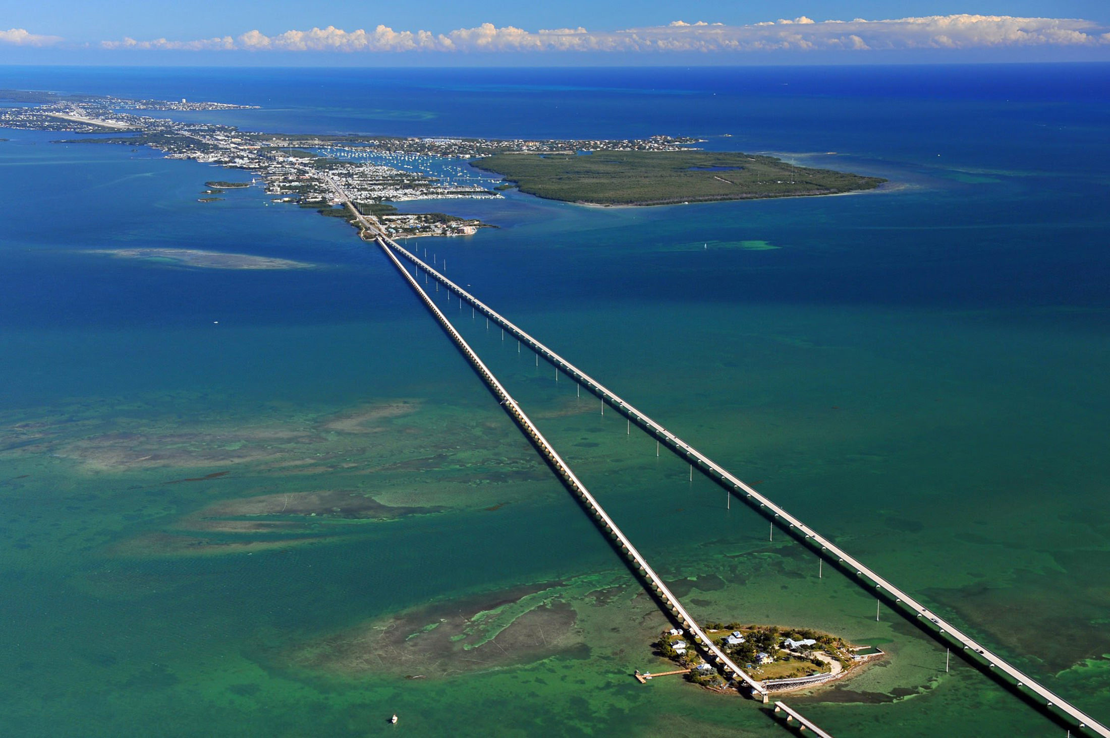 An Overhead Shot of 7-Mile Bridge, Isla Bella Beach Resort and Marathon Florida in the Florida Keys