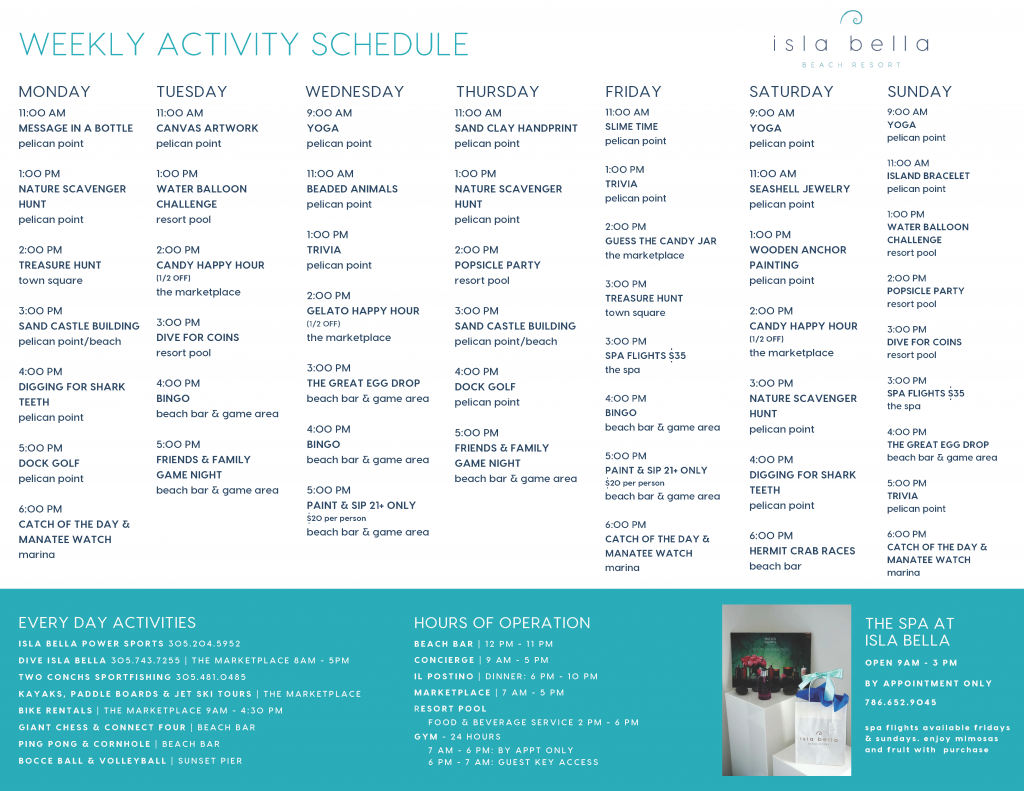 Weekly Resort Activity Calendar Isla Bella Beach Resort & Spa