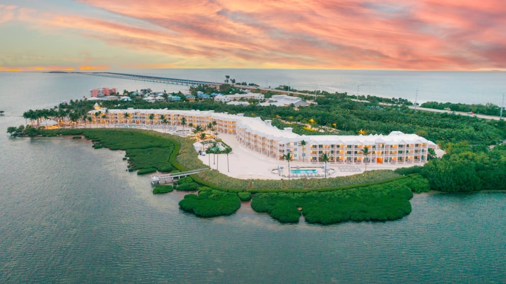 Aerial view of Isla Bella Beach Resort at sunset