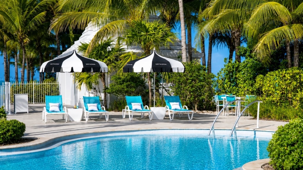 Sephora Summer Club pool loungers and umbrellas at Isla Bella