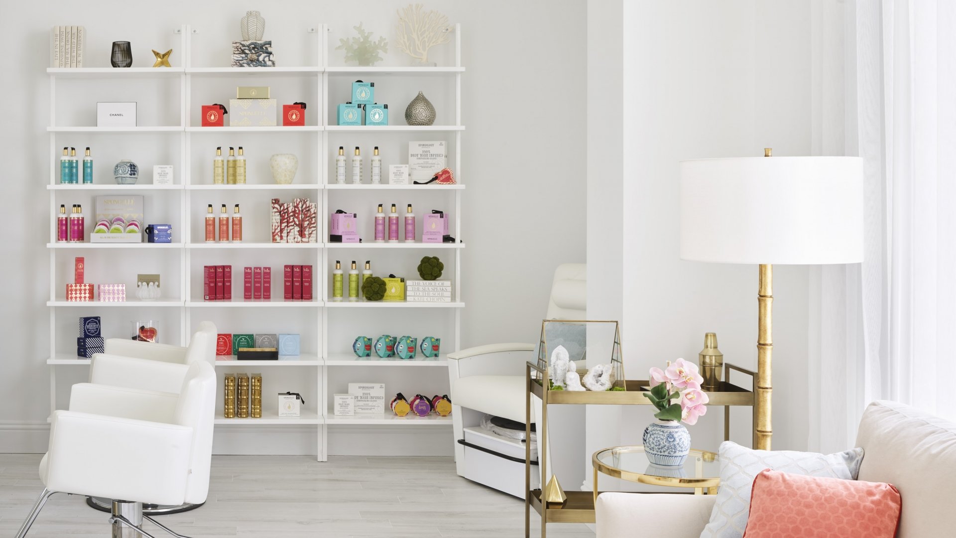 carefully arranged shelves in the spa at Isla Bella