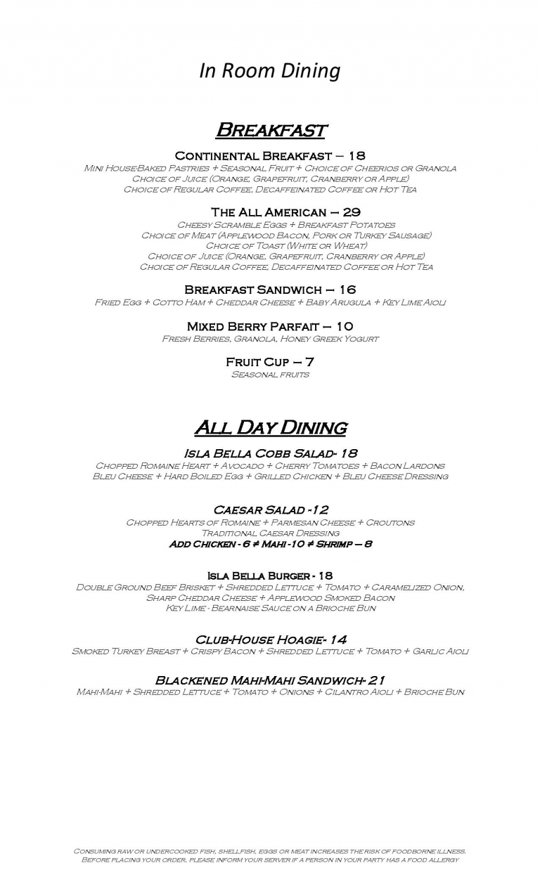 InRoom Dining Menu Isla Bella Beach Resort & Spa Isla Bella Beach Resort & Spa