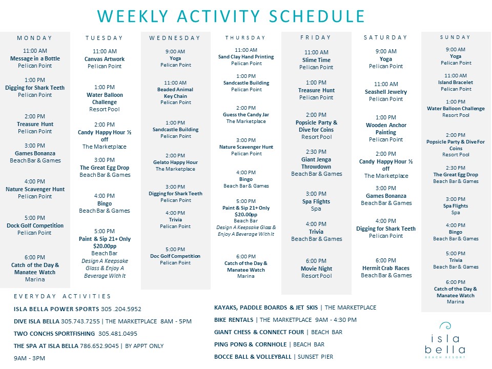 Weekly Resort Activity Calendar Isla Bella Beach Resort & Spa