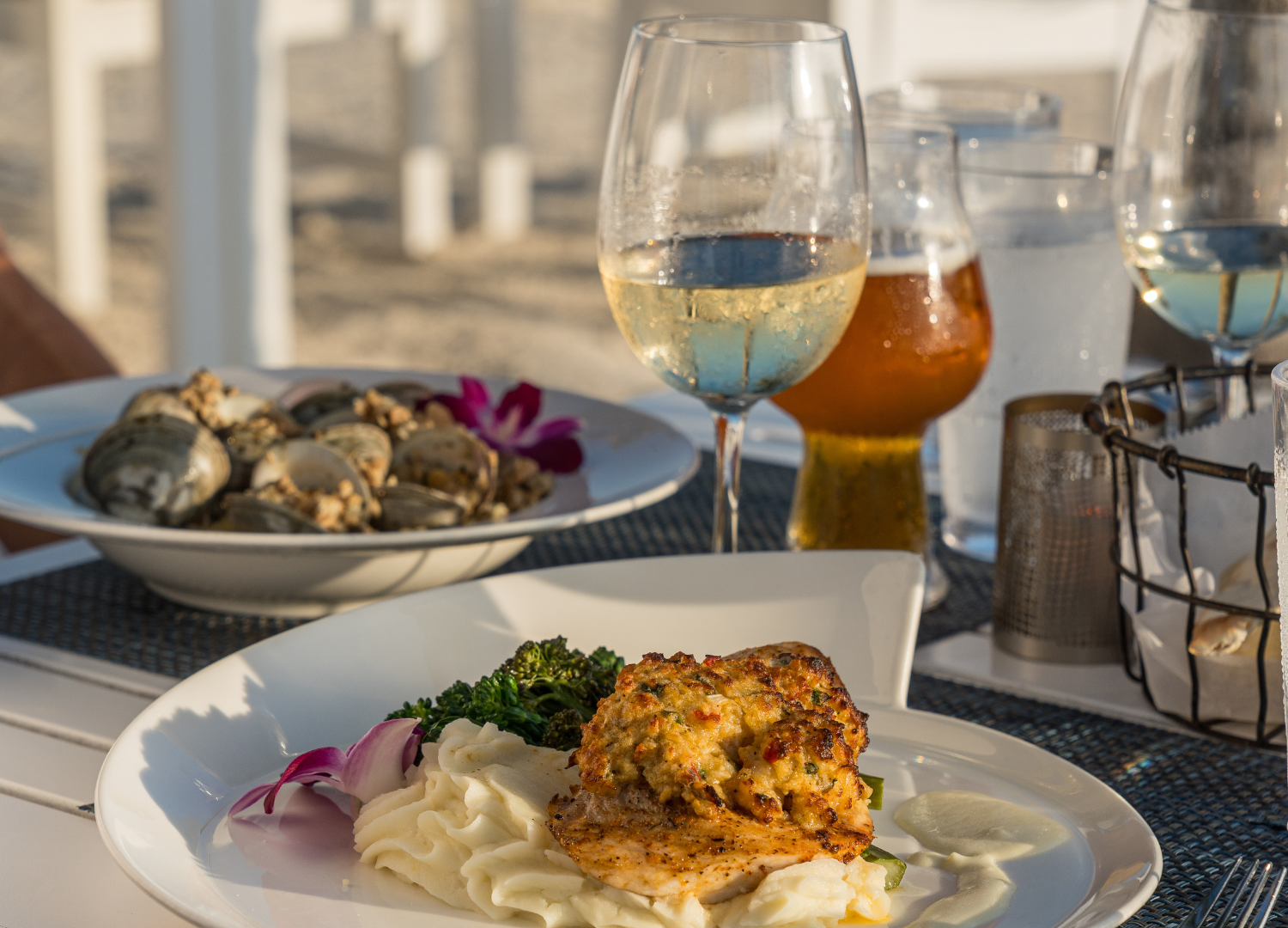 Fresh seafood and pasta served with drinks at Isla Bella all inclusive resort in Marathon Florida Keys