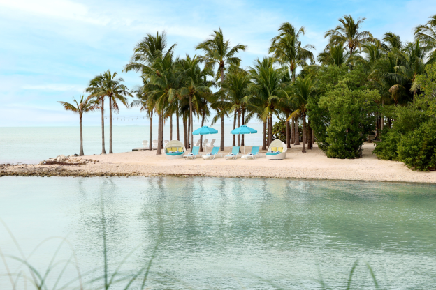 Oceanfront view of palm trees and lounge chairs at Isla Bella Beach Resort in Marathon Florida Keys all inclusive beachfront escape